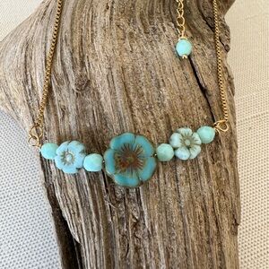 Elegant Gold and Blue Floral Necklace Czech Glass Flowers Gemstones Gold Chain